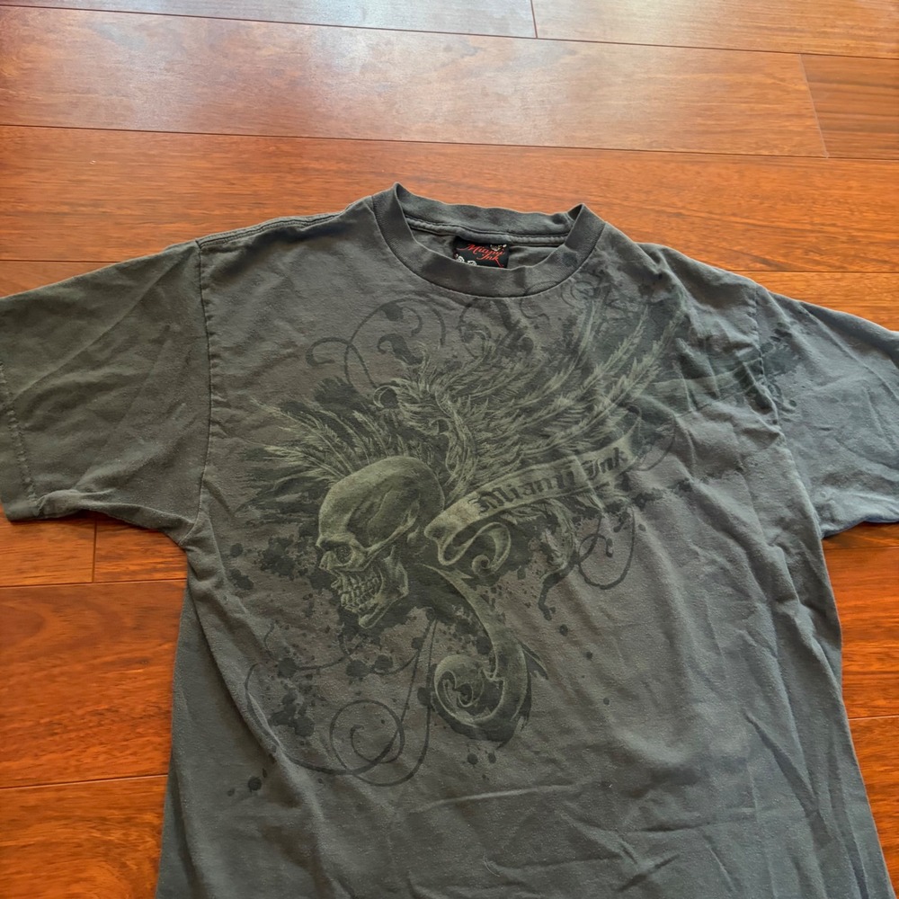 Vintage 2008 Affliction Style Y2K Skull Graphic T-Shirt Gray Grunge Streetwear